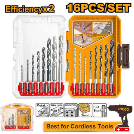 INGCO AKDL11608 16 Pcs Metal, Masonry & Wood Drill Bits Set
