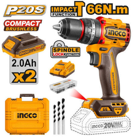 INGCO CIDLI20668 20V Compact Brushless Cordless Impact Drill Kit