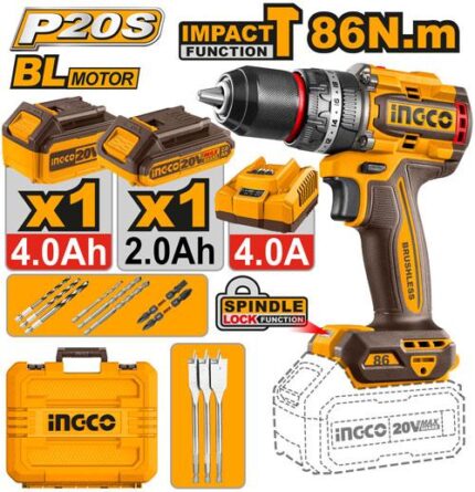 INGCO CIDLI20868 20V Brushless Cordless Impact Drill Kit