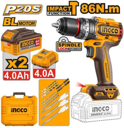 INGCO CIDLI208682 20V Brushless Cordless Impact Drill Kit