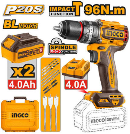 INGCO CIDLI20968 20V Brushless Cordless Impact Drill Kit