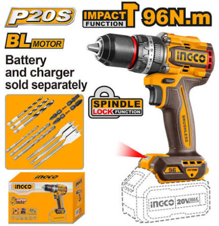 INGCO CIDLI209681 20V Brushless Cordless Impact Drill Kit