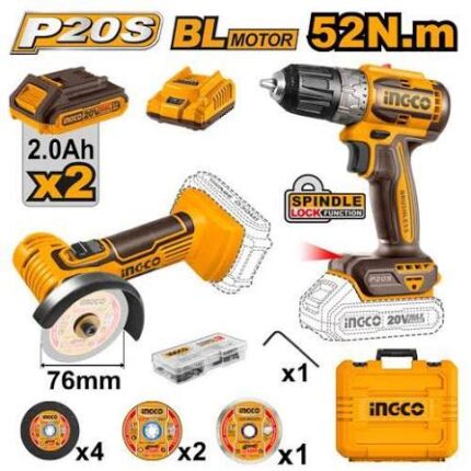 INGCO CKLI20278 Cordless 2 Pcs Combo Kit 20V Professional Power Tool Set