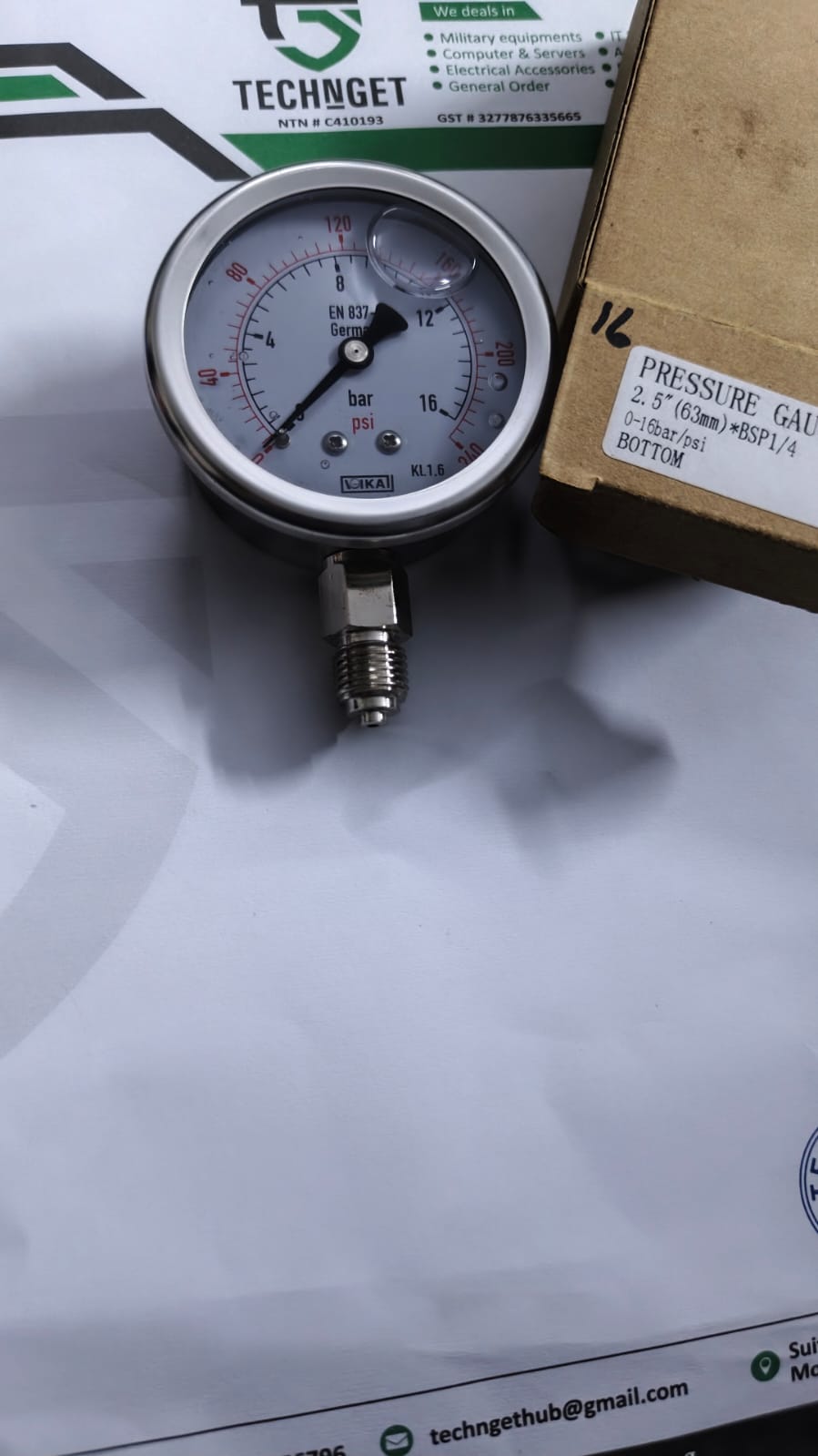 pressure guage VIKA 2.5 Inch (63mm) 0-16 Bar Bottom Mount Pressure Gauge BSP 1/4 - Image 1